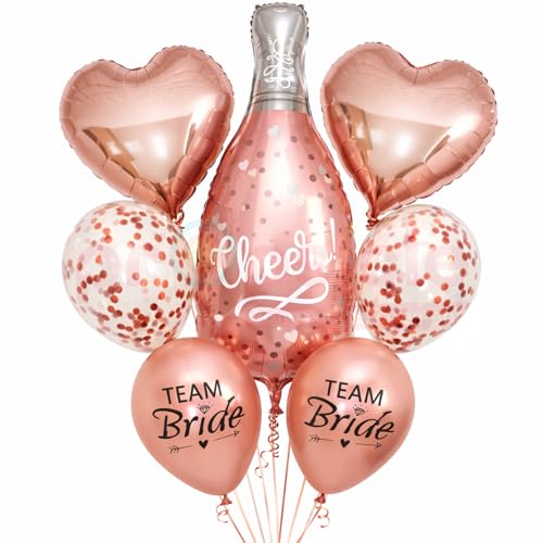 Propsicle 36 Inch Rose Gold Cheers Champagne Foil Balloon with Team Bride, Confetti & Heart Foil Balloons - Bachelorette Party, Bride To Be, Haldi Mehendi Shaadi Decoration Set – Pack of 7 - Image 1