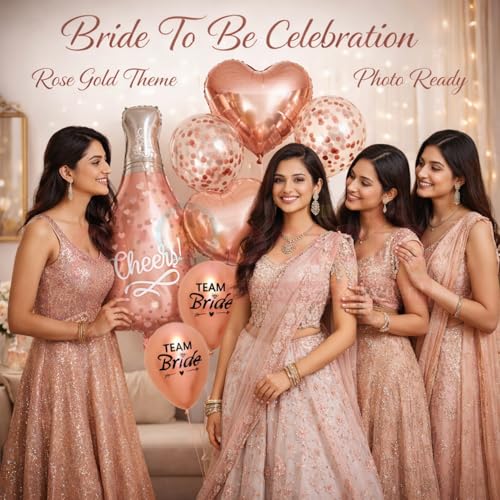 Propsicle 36 Inch Rose Gold Cheers Champagne Foil Balloon with Team Bride, Confetti & Heart Foil Balloons - Bachelorette Party, Bride To Be, Haldi Mehendi Shaadi Decoration Set – Pack of 7 - Image 3