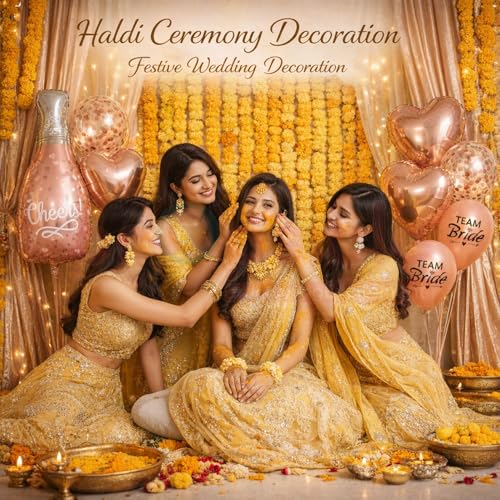 Propsicle 36 Inch Rose Gold Cheers Champagne Foil Balloon with Team Bride, Confetti & Heart Foil Balloons - Bachelorette Party, Bride To Be, Haldi Mehendi Shaadi Decoration Set – Pack of 7 - Image 4