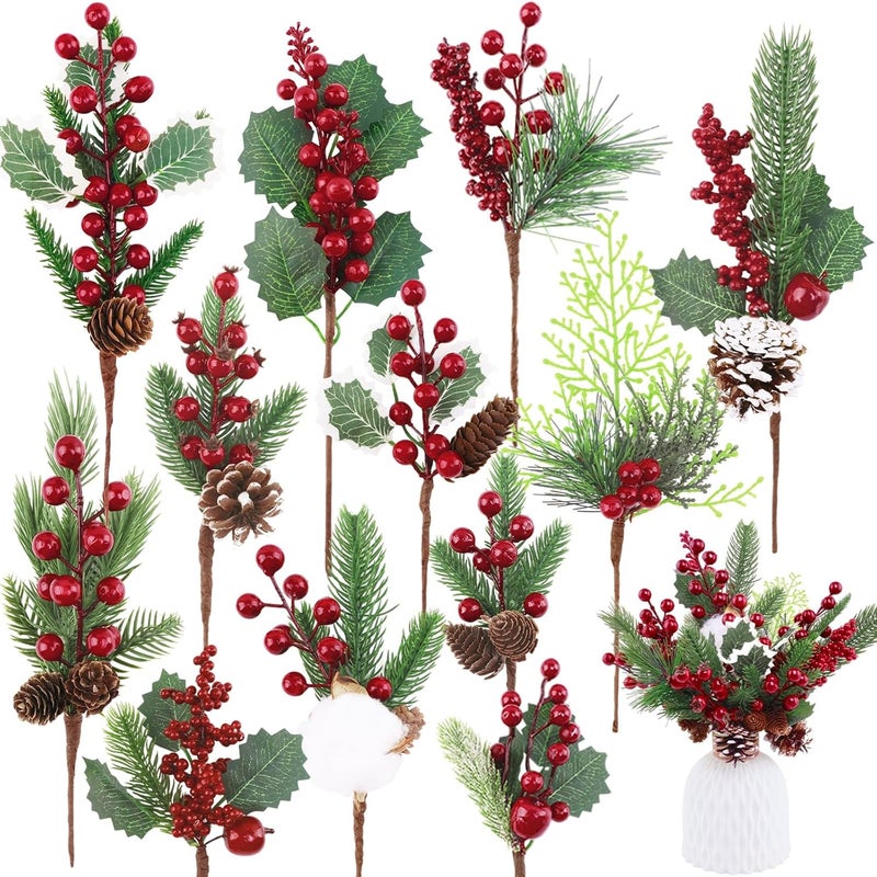 MEMOVAN Christmas Picks and Sprays Artificial Pine Needles Branches Berries Red Stems with Red Berry Pinecone Holly Xmas Floral Picks for Crafts Flower Arrangement Wreath Holiday Xmas Tree Decor-12PCS - Image 1