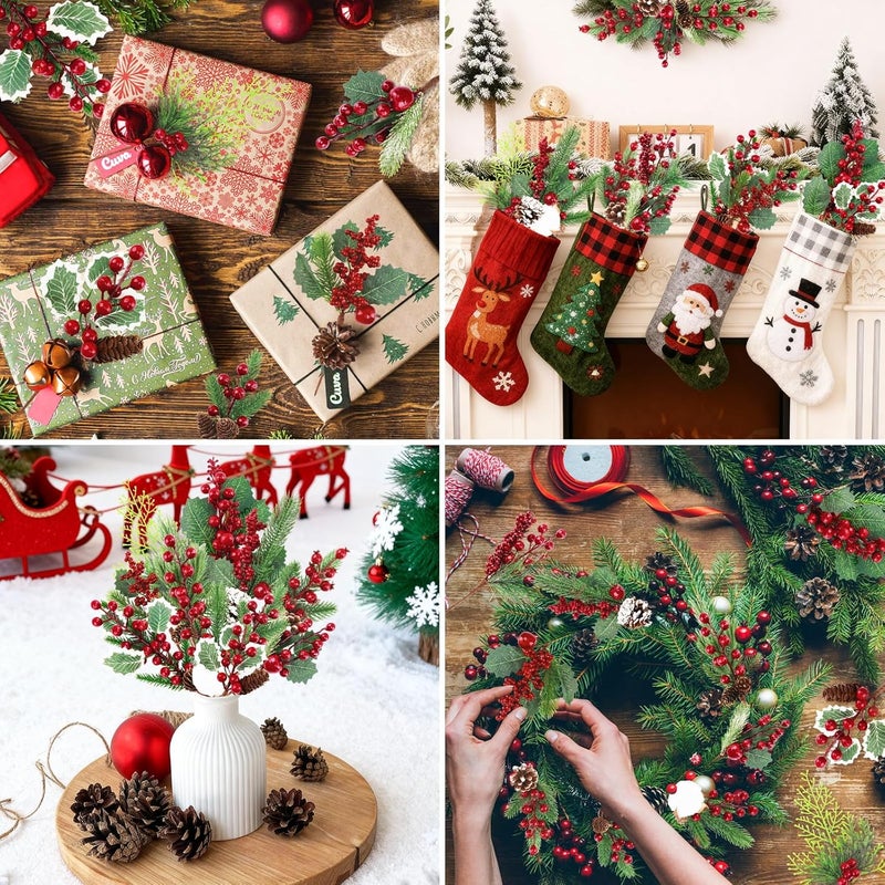 MEMOVAN Christmas Picks and Sprays Artificial Pine Needles Branches Berries Red Stems with Red Berry Pinecone Holly Xmas Floral Picks for Crafts Flower Arrangement Wreath Holiday Xmas Tree Decor-12PCS - Image 4