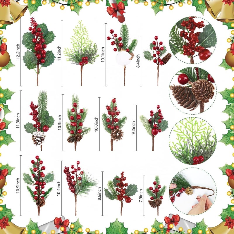 MEMOVAN Christmas Picks and Sprays Artificial Pine Needles Branches Berries Red Stems with Red Berry Pinecone Holly Xmas Floral Picks for Crafts Flower Arrangement Wreath Holiday Xmas Tree Decor-12PCS - Image 2