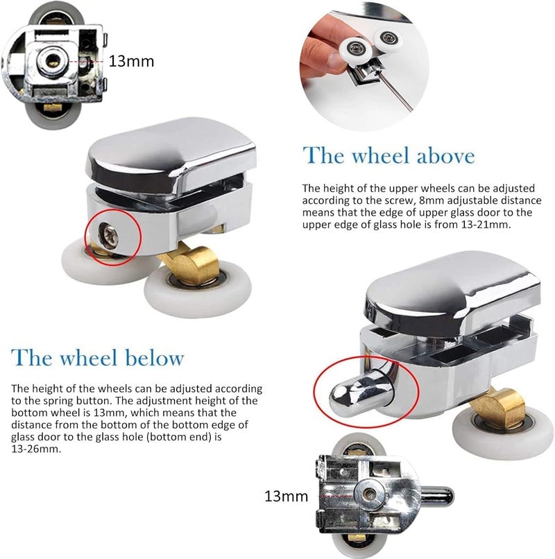 Zikra Shower Door Rollers, 23mm Sliding Shower Doors Wheels Replacement Roller Runner Wheel 2 Top & 2 Bottom Roller fit for Glass Holes 14mm(4Pcs) - Image 5