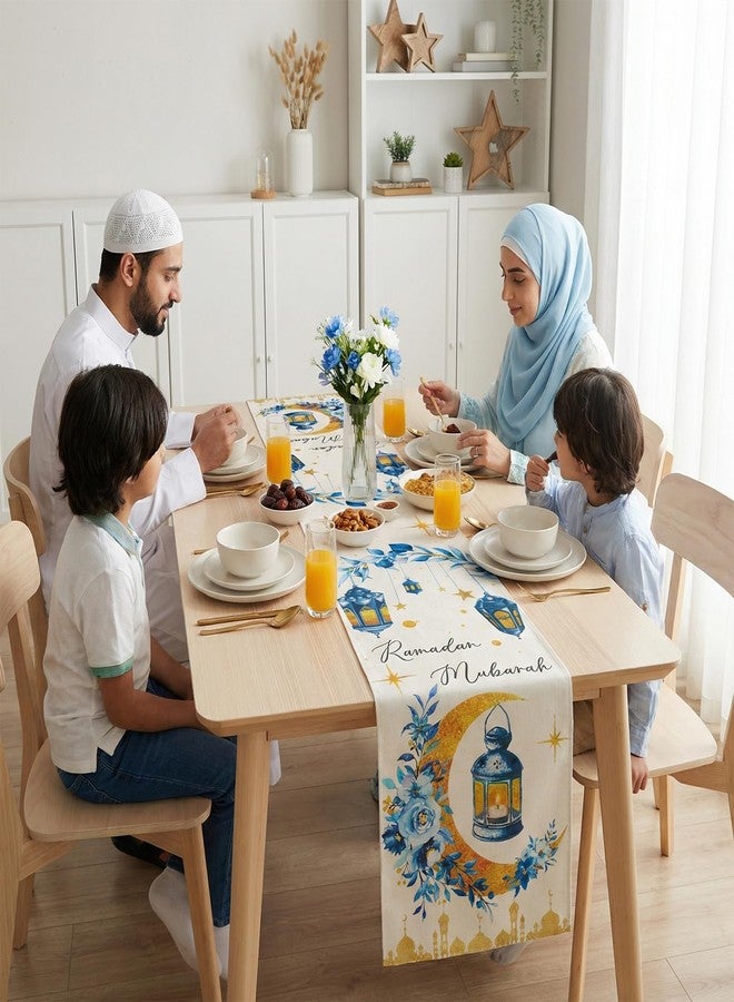 سي ان او ام جي مفارش طاولة عيد مبارك من cnomg، عبوة من قطعتين، باللونين الأزرق والذهبي، مزينة بزخارف القمر والنجمة والفانوس والزهرة، مثالية لتزيين المنزل والحفلات، مقاس 13 × 72 بوصة. - Image 3