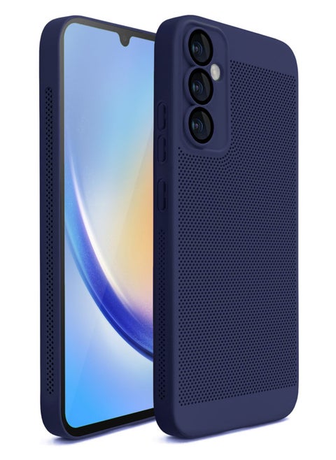Heat Dissipation Case with Built in Camera Lens Protector Slim Fit Breathable Cooling Anti Fingerprint Hard PC Back Shockproof Cover For Samsung Galaxy A34 (Blue)