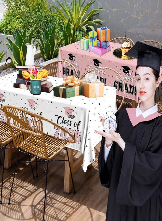 Bezkega 2026 Graduation Decorations,Congrats Grad Tablecloth 2pcs White Pink Class of 2026 Table Covers Rectangle for Graduation Party Supplies,108x54inch(Pink) - Image 2