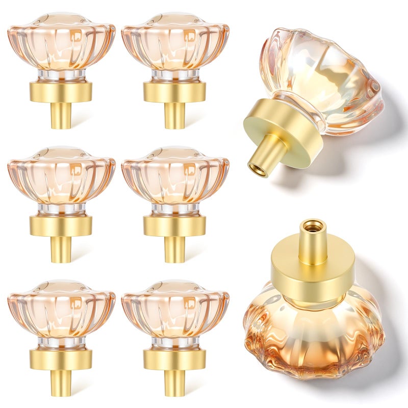 Exclaith 6 Pack Crystal Cabinet Knobs Drawer Knobs, 1.4" Diameter Glass Handles, Flower Vintage Glass Clear Crystal Small Pull, for Kitchens, Closet, Dresser Drawers, Cupboard, Wardrobe, Champagne - Image 1