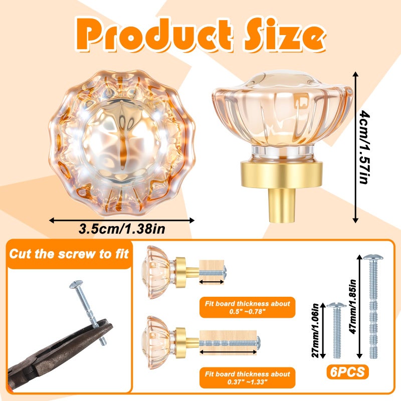 Exclaith 6 Pack Crystal Cabinet Knobs Drawer Knobs, 1.4" Diameter Glass Handles, Flower Vintage Glass Clear Crystal Small Pull, for Kitchens, Closet, Dresser Drawers, Cupboard, Wardrobe, Champagne - Image 2