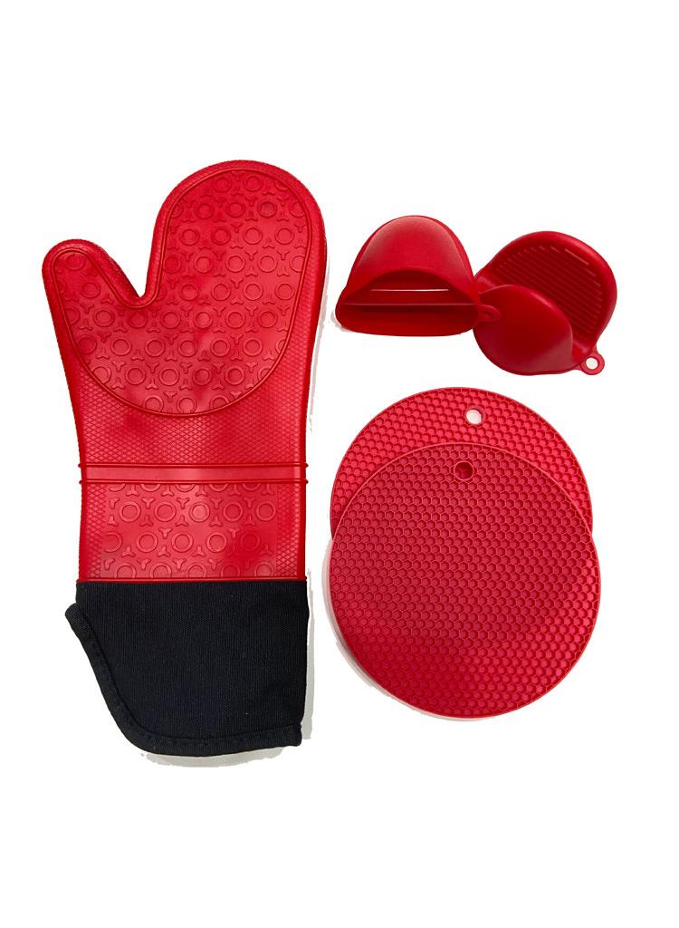 XiuWoo Silicone Oven Mitts and Pot Holders Set, Heat Resistant Mittens with Mini Gloves Hot Pads, for Kitchen Baking Cooking, Quilted Liner, Black,Pack of 6  - Image 1