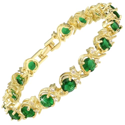 RIZILIA BLOSSOM Tennis Bracelet & Round Cut CZ [Simulated Green Emerald] in Yellow Gold Plated, 7" - Image 5
