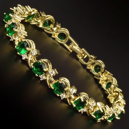 RIZILIA BLOSSOM Tennis Bracelet & Round Cut CZ [Simulated Green Emerald] in Yellow Gold Plated, 7" - Image 2
