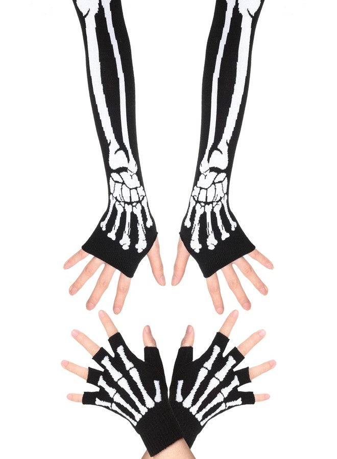 زانماي قفازات زانماي الهيكلية، زوجان، للرجال والنساء، مرنة، محبوكة، شتوية، بدون أصابع، بتصميم جمجمة قوطية، دافئة لليدين، للجنسين، قفازات نصف أصبع دافئة - Image 1