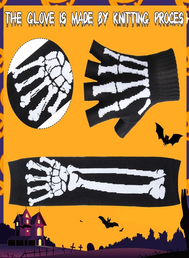 زانماي قفازات زانماي الهيكلية، زوجان، للرجال والنساء، مرنة، محبوكة، شتوية، بدون أصابع، بتصميم جمجمة قوطية، دافئة لليدين، للجنسين، قفازات نصف أصبع دافئة - Image 3