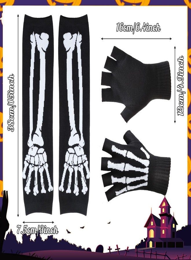 زانماي قفازات زانماي الهيكلية، زوجان، للرجال والنساء، مرنة، محبوكة، شتوية، بدون أصابع، بتصميم جمجمة قوطية، دافئة لليدين، للجنسين، قفازات نصف أصبع دافئة - Image 2