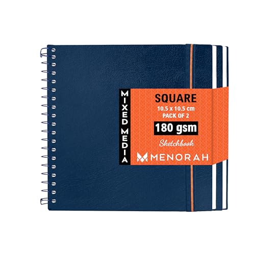 MENORAH - Artist Sketchbook - Square- 180gsm - Size (10.5 x 10.5 cm) Pack of 2 - Small Travel Size Sketch Book- 100 Pages/50 Sheets - Hard Metal Spiral Bound - Art Book (Dark Blue) - Image 1