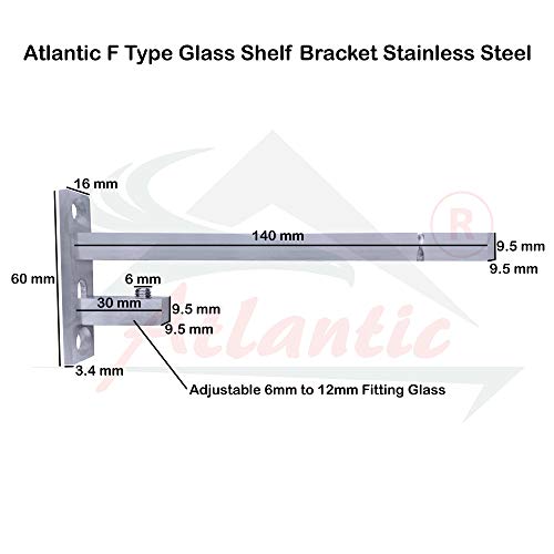 Atlantic F Type Glass Shelf Bracket 6 inch (Stainless Steel, Silver Matt Finish, Adjustable 6/8/10/12 mm, Pack of 2 Piece) - Image 3