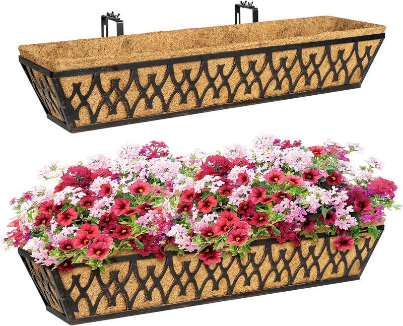 Karlliu 2 Pack 30 Inch Window Boxes Planters Railing Planter Box with Adjustable Brackets for Porch Fence Patio Balcony Hanging Flower Baskets with Coco Liners for Outdoor Garden Décor - Bronze - Image 1