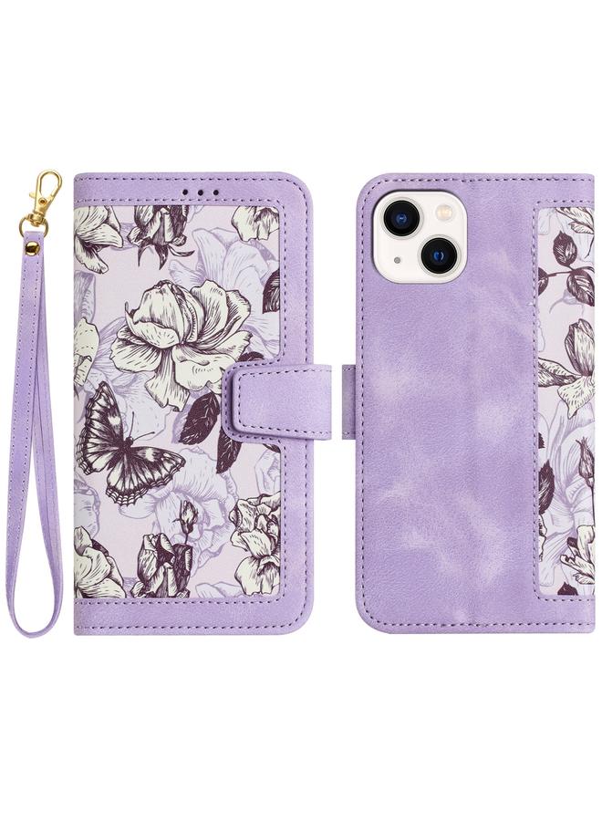 زبون جراب هاتف جلدي بنمط زهور لهاتف iPhone 13 mini مع حبل - Image 1