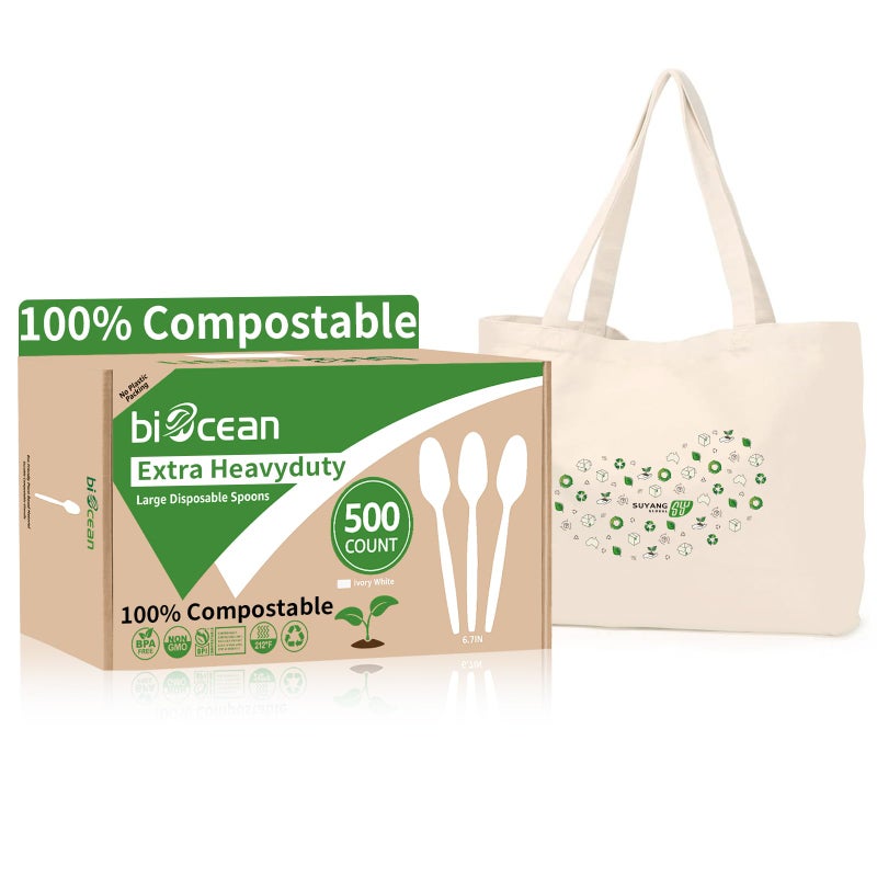 Biocean Extra Heavyduty Compostable Spoons [500 Count 6.7In] Disposable Cutlery No Plastic Spoons Large Biodegradable Utensils Eco Friendly Silverware for Party BBQ Daily Use [With Tote] - Image 1