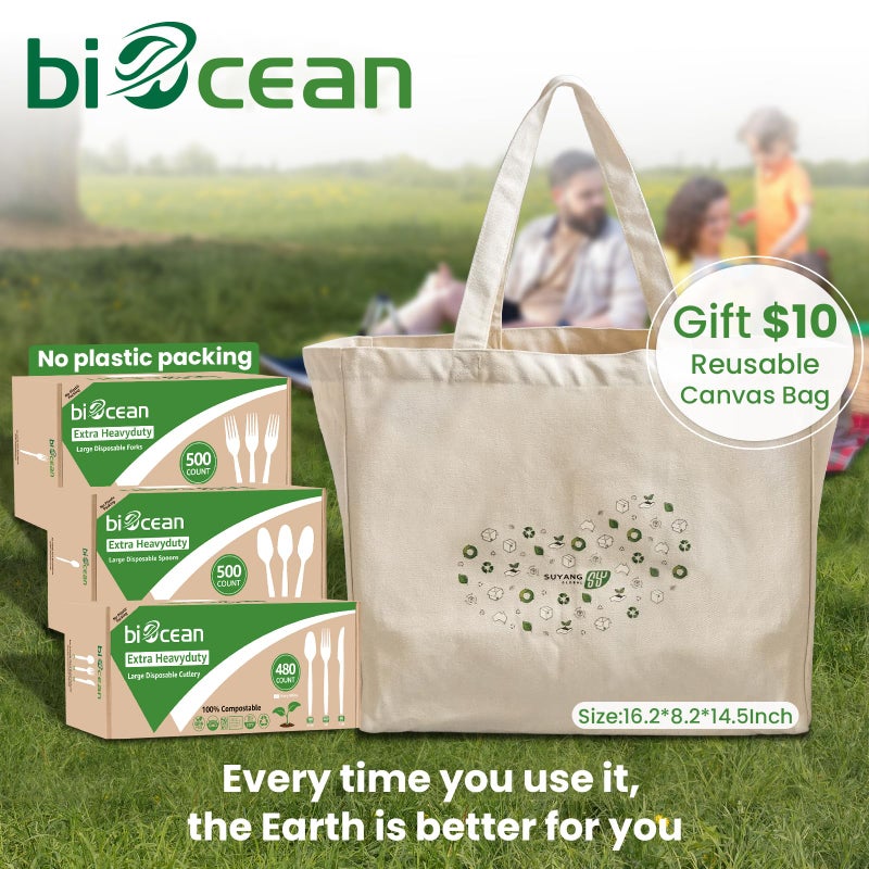 Biocean Extra Heavyduty Compostable Spoons [500 Count 6.7In] Disposable Cutlery No Plastic Spoons Large Biodegradable Utensils Eco Friendly Silverware for Party BBQ Daily Use [With Tote] - Image 5