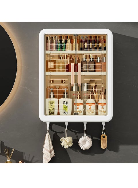 Bathroom Medicine Cabinet Wall Mounted Double Door Storage Shelf Foldable Cosmetic Makeup Storage Organizer Kitchen Cupboard with Hooks
