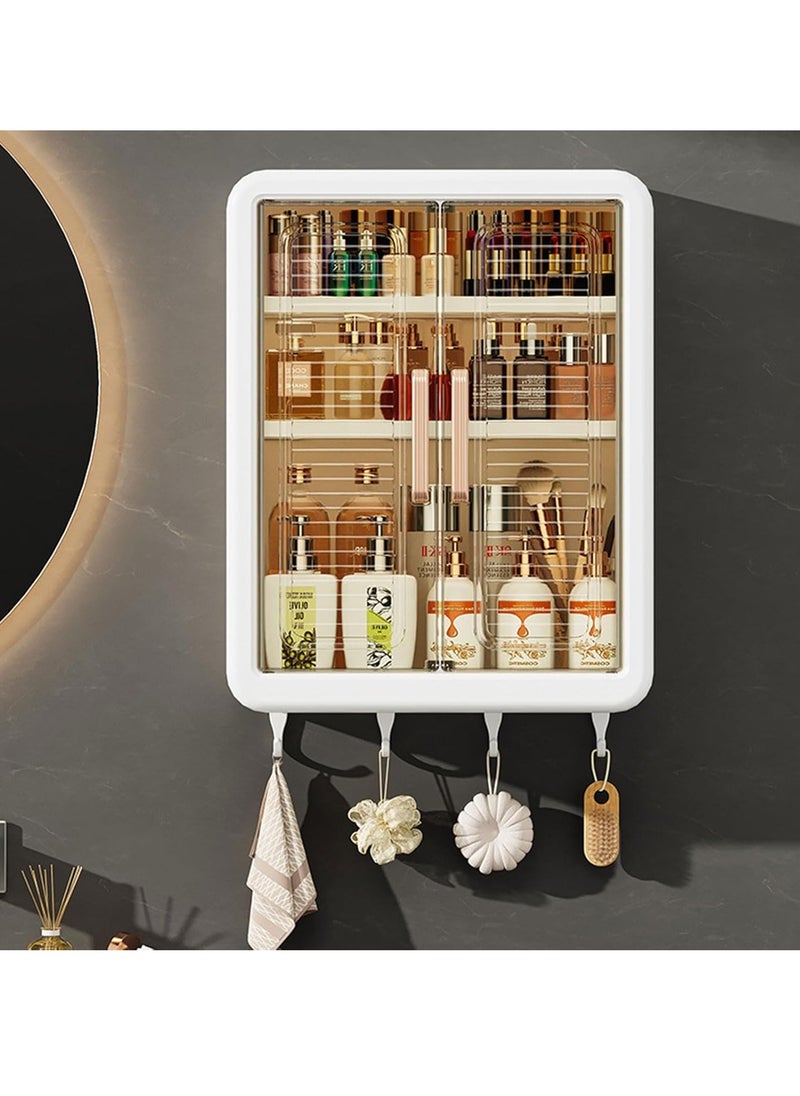 JOGAMS Bathroom Medicine Cabinet Wall Mounted Double Door Storage Shelf Foldable Cosmetic Makeup Storage Organizer Kitchen Cupboard with Hooks  - Image 1