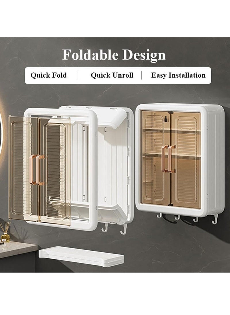 JOGAMS Bathroom Medicine Cabinet Wall Mounted Double Door Storage Shelf Foldable Cosmetic Makeup Storage Organizer Kitchen Cupboard with Hooks  - Image 2