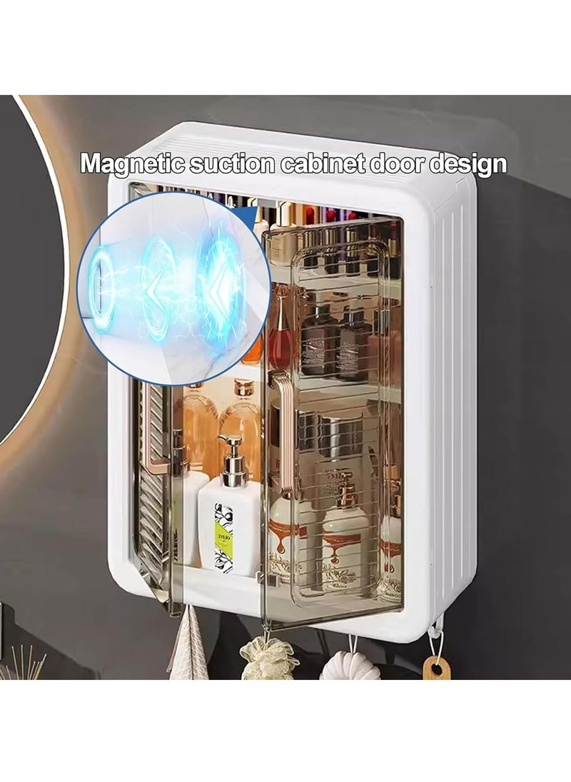 JOGAMS Bathroom Medicine Cabinet Wall Mounted Double Door Storage Shelf Foldable Cosmetic Makeup Storage Organizer Kitchen Cupboard with Hooks  - Image 3