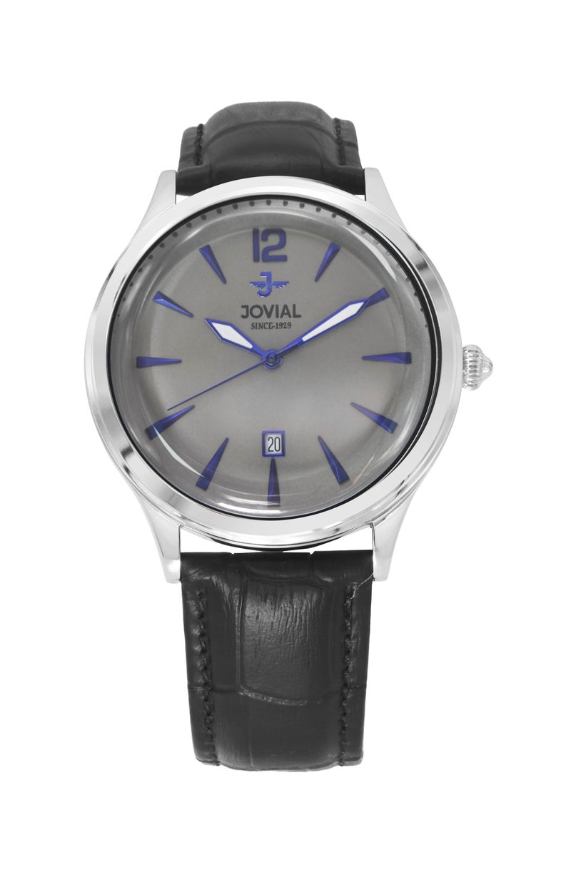 JOVIAL 5229 GSLQ16E Men's Leather Strap Watch, Grey Dial, Water Resistant, Analog, 40MM, Blue index - Image 1