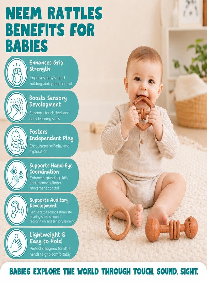 SMARTTHINKER Neem Wood Baby Rattle Combo Set for Infants & Toddlers | Montessori Sensory Grasping & Teether Toys | Early Learning Wooden Toys for Newborn Babies - Image 3