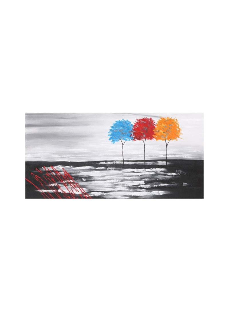 كانجرو لوحة تجريدية مرسومة باليد تصور ثلاثة أشجار ملونة زاهية تبرز على خلفية رمادية وسوداء، مع لمسات حمراء جريئة. - Image 1