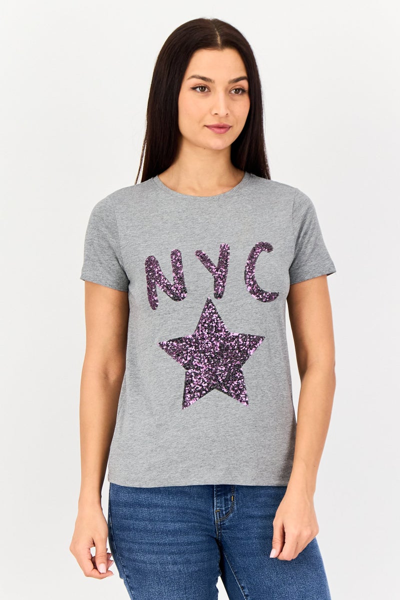 JDY Women Crew Neck Short Sleeve Graphic T Shirt, Grey - Image 1
