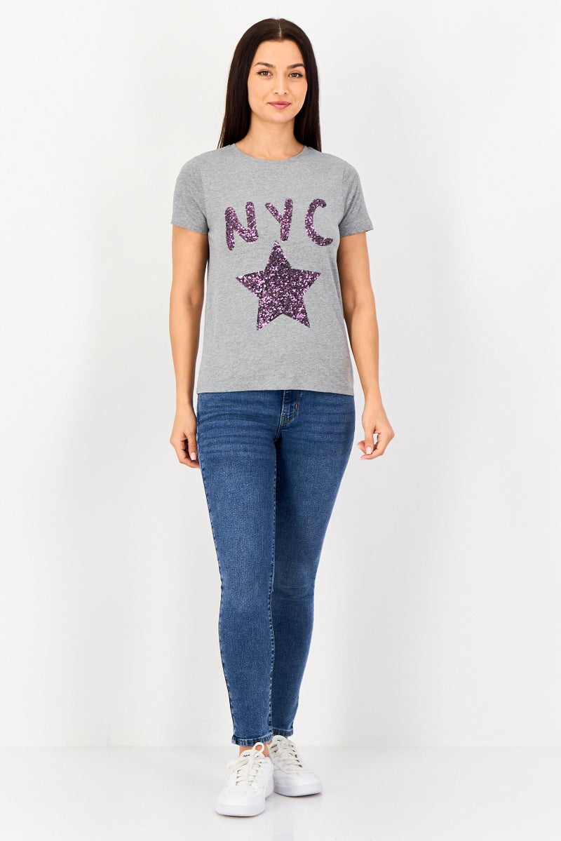 JDY Women Crew Neck Short Sleeve Graphic T Shirt, Grey - Image 3