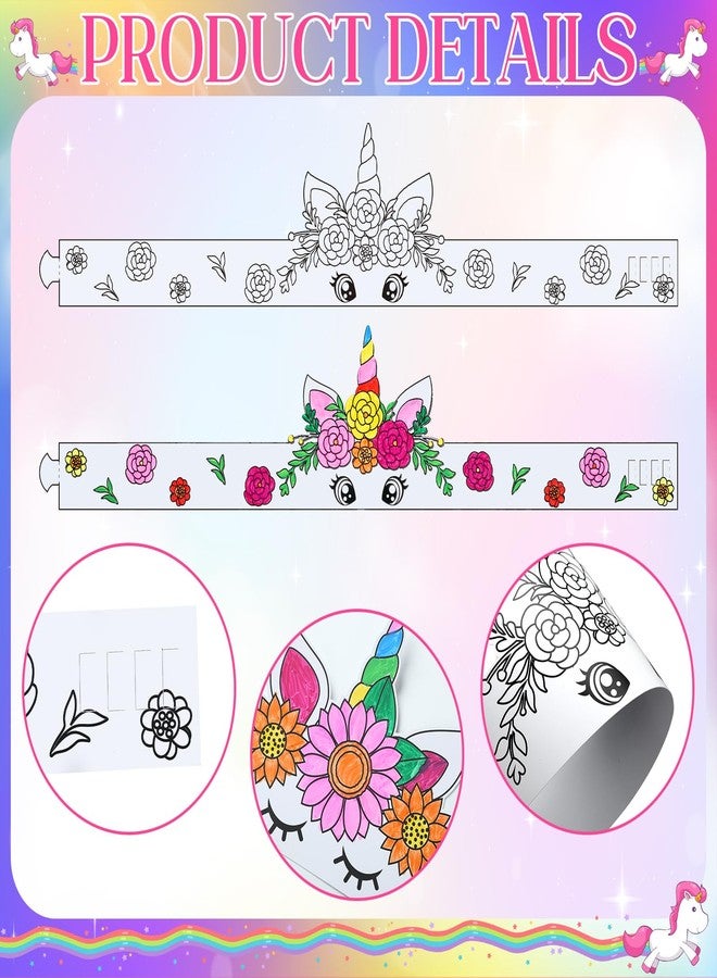 Poen 24 Pcs Color Your Own Unicorn Crown for Kid DIY Paper Coloring Crowns for Unicorn Theme Party Birthday Crafts Activity - Image 3