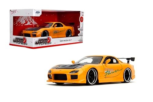 Jada Toys JDM Tuners 124 Scale DieCast 1993 Mazda RX7 FD HKS Opening Doors Detailed Interior Rubber Tires Collectible for Ages 8Yellow Orange - Image 1