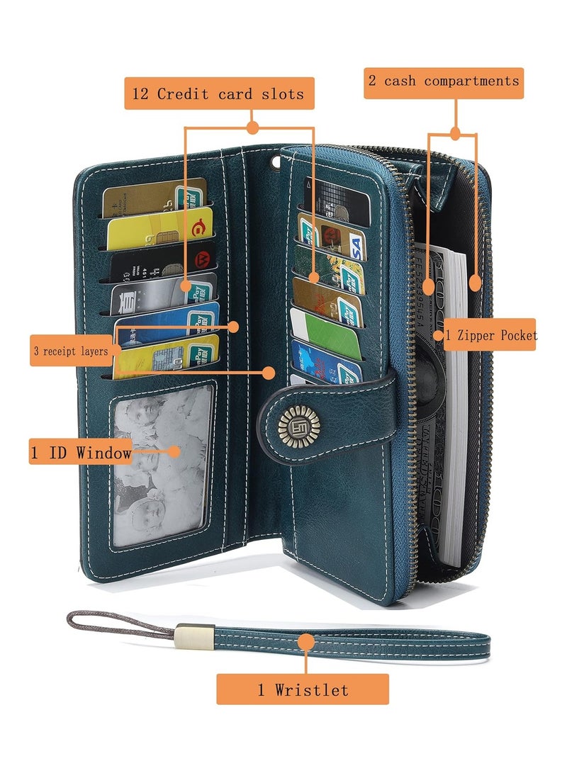 محفظة نسائية جلدية ذات سعة كبيرة وحامل بطاقات مع سحاب معصم للنساء - أزرق طاووس - Image 3