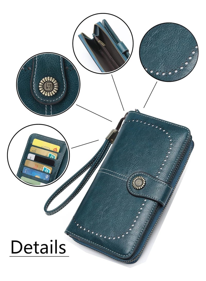 محفظة نسائية جلدية ذات سعة كبيرة وحامل بطاقات مع سحاب معصم للنساء - أزرق طاووس - Image 4