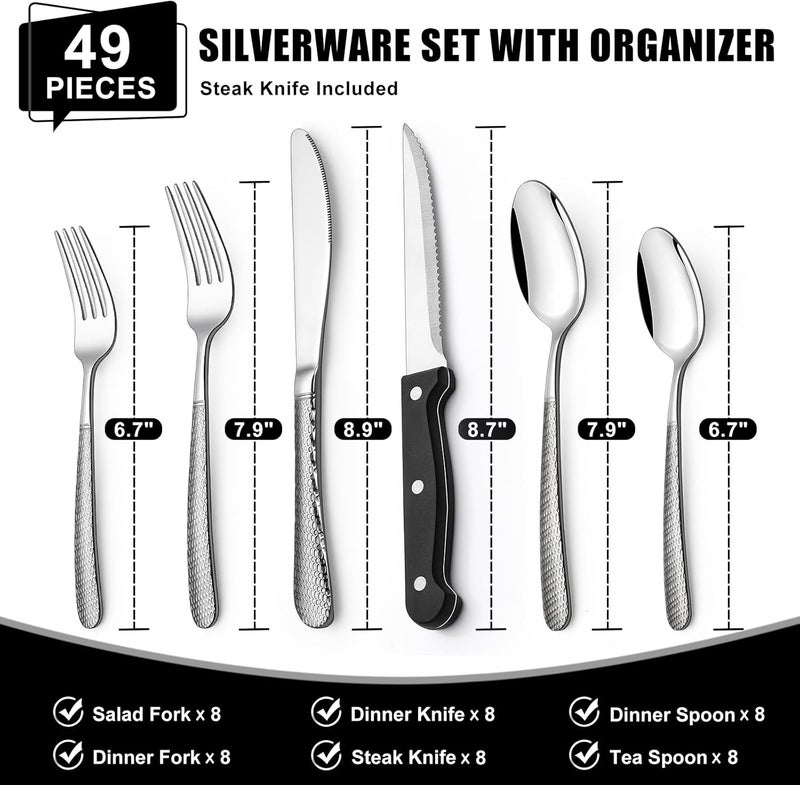 EWFEN 49-Piece Hammered Silverware Set with Organizer, Heavy Duty Stainless Steel Flatware for 8, Cutlery Utensil Sets with Steak Knives, Rust-proof, Mirror Polished, Dishwasher Safe - Image 2