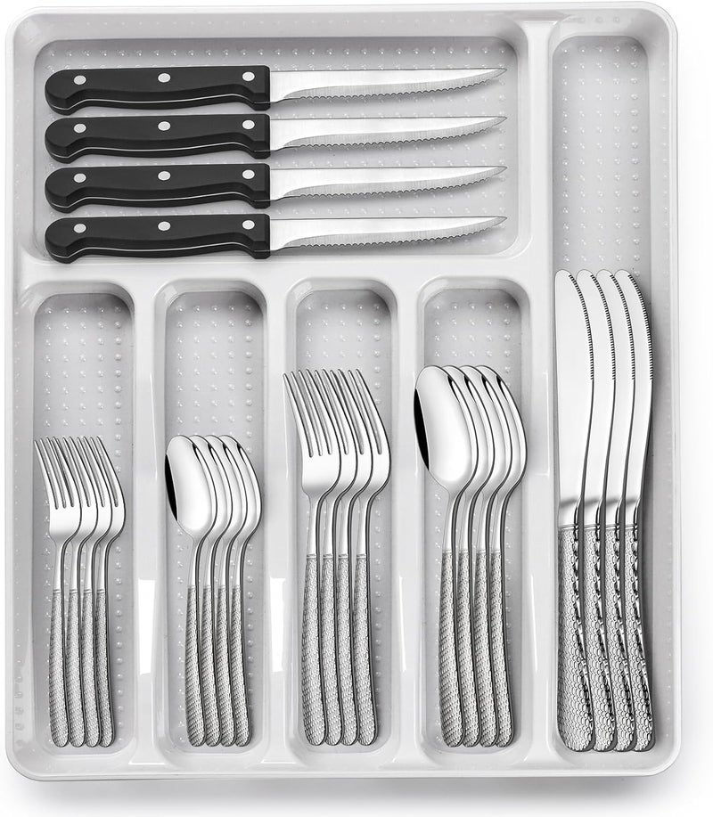 EWFEN 49-Piece Hammered Silverware Set with Organizer, Heavy Duty Stainless Steel Flatware for 8, Cutlery Utensil Sets with Steak Knives, Rust-proof, Mirror Polished, Dishwasher Safe - Image 1