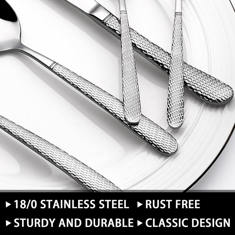EWFEN 49-Piece Hammered Silverware Set with Organizer, Heavy Duty Stainless Steel Flatware for 8, Cutlery Utensil Sets with Steak Knives, Rust-proof, Mirror Polished, Dishwasher Safe - Image 3
