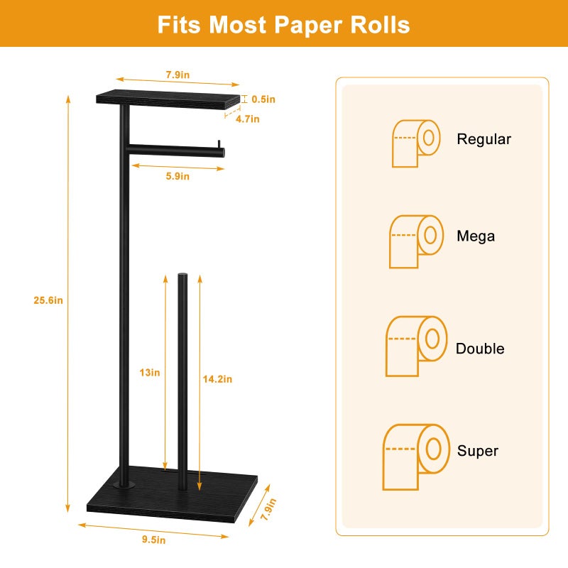 smusei Toilet Paper Holder Free Standing Black Bathroom Toilet Paper Holder Stand with Storage Shelf  Freestanding Roll Tissue Holders Dispenser for Reserve Spare Mega Rolls - Image 2