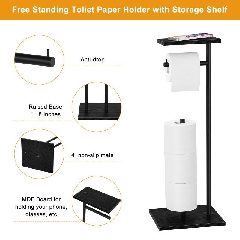 smusei Toilet Paper Holder Free Standing Black Bathroom Toilet Paper Holder Stand with Storage Shelf  Freestanding Roll Tissue Holders Dispenser for Reserve Spare Mega Rolls - Image 3