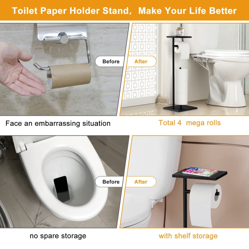 smusei Toilet Paper Holder Free Standing Black Bathroom Toilet Paper Holder Stand with Storage Shelf  Freestanding Roll Tissue Holders Dispenser for Reserve Spare Mega Rolls - Image 4