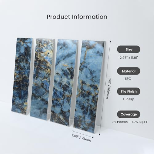 HOMEART 32PCS Peel and Stick Backsplash Tiles 3x12 SelfAdhesive Stone Composite Glossy Faux Marble Subway Tile Metro Stick on Wall Tiles for Kitchen Bathroom Fireplace Blue Marble - Image 3