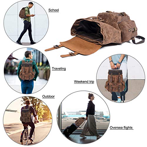 WUDON Leather Backpack for Men, Waxed Canvas Shoulder Rucksack Carry-On Travel Backpack (Grey-Oversize, Oversize) - Image 5