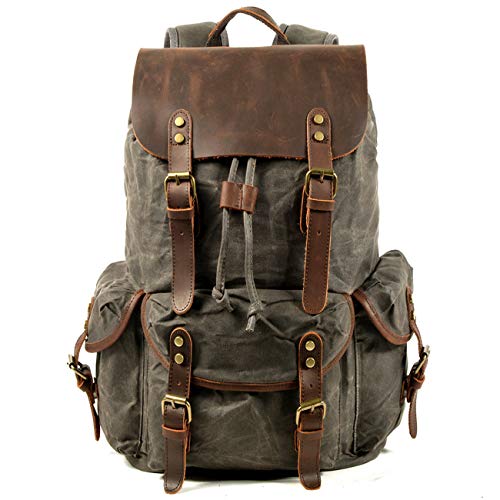WUDON Leather Backpack for Men, Waxed Canvas Shoulder Rucksack Carry-On Travel Backpack (Grey-Oversize, Oversize) - Image 1