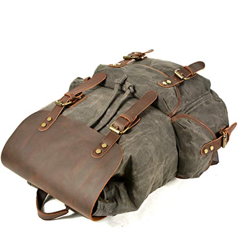 WUDON Leather Backpack for Men, Waxed Canvas Shoulder Rucksack Carry-On Travel Backpack (Grey-Oversize, Oversize) - Image 4
