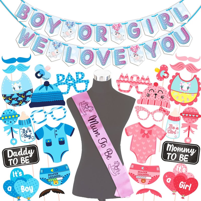 WOBBOX Baby Shower Combo of Party Props 28 Pcs & Boy Or Girl We Love You Bunting Banner, with Mum to be Light Pink Sash Baby Shower Decoration Item (Pack of 3) - Image 1