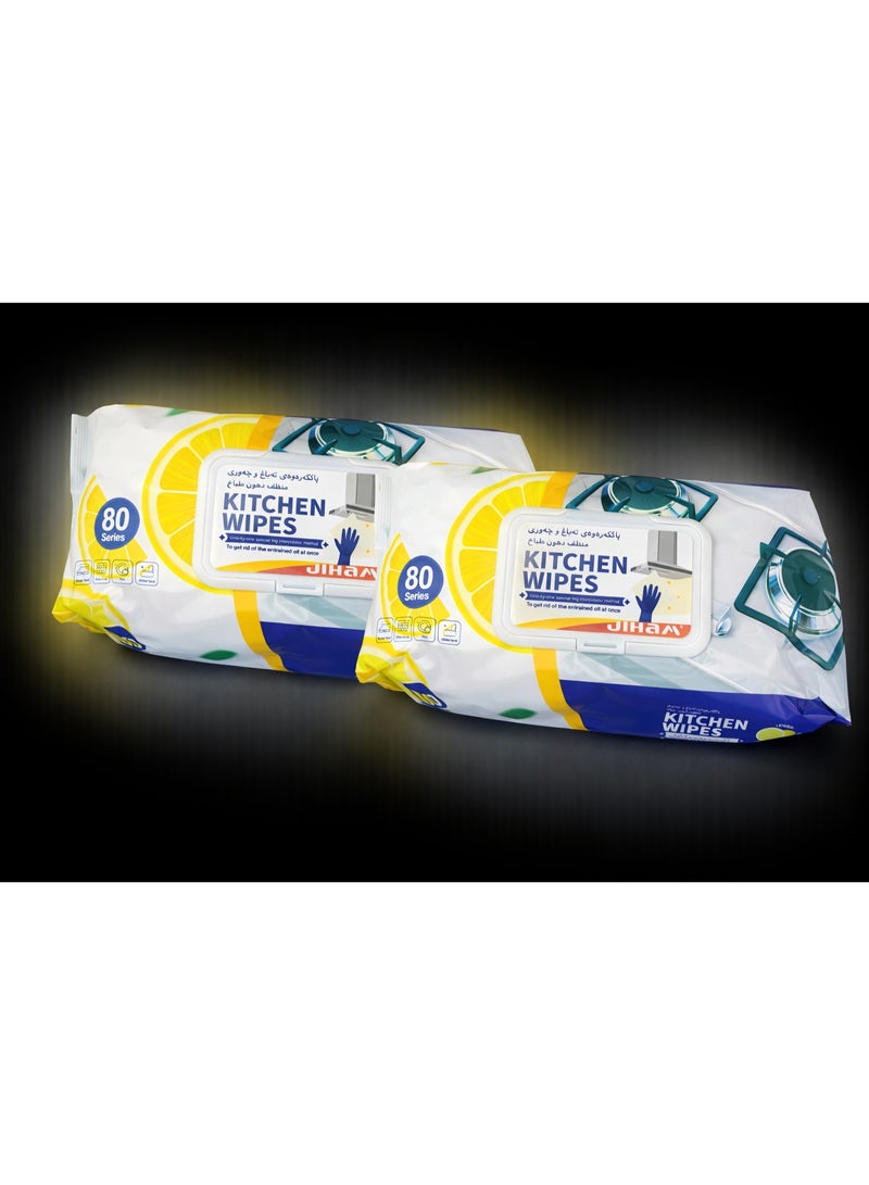 JIHAM Kitchen Cleaning Wipes Set of 2 (80 Wipes Each) – Multi-Surface Degreasing Wipes with Lemon Fresh Scent - Image 1