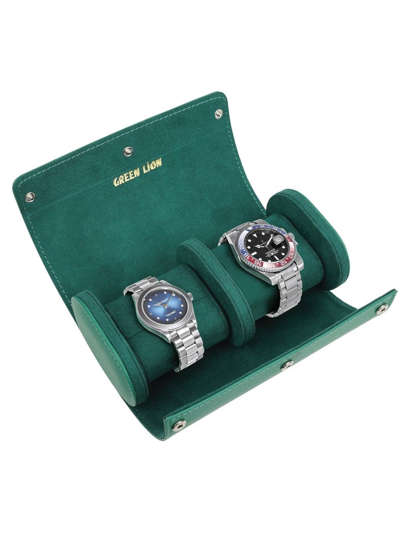 GREEN LION Duo Watch Roll Case /Snap-Button Closure /Leather & Velvet / Protective Interior / Compact Storage / Watch Protecting Pillow / Elegant Cover - Green - Image 2